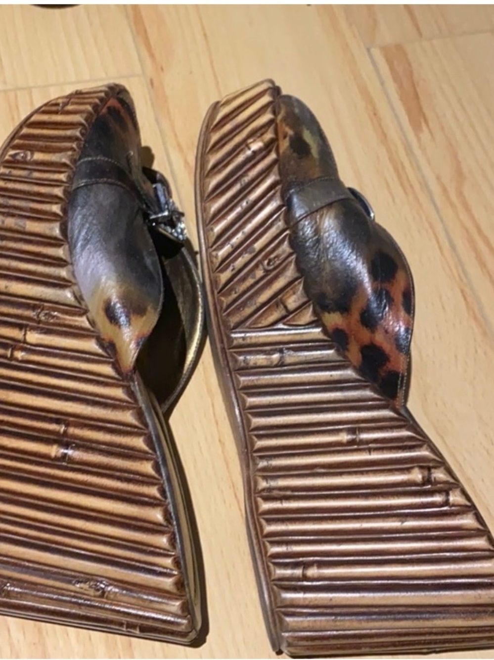 Leopard Print Leather Wedge Sandals with Rhinestone Buckle - Picture 4 of 5